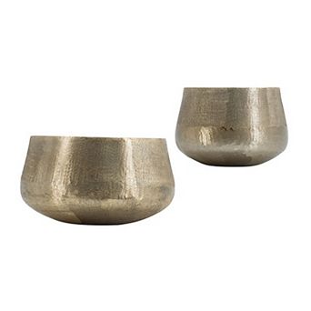 Set Of 2 Metal Bowls, Seude Gold Finish, Curved Shape, Streaked Texture