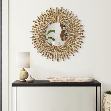 27 Inch Round Wall Mount Accent Decor Mirror, Sunburst, Iron Frame, Gold