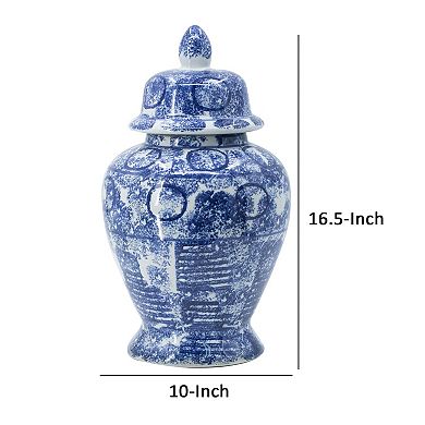17 Inch Tall Ginger Jar, Abstract Design Over Blue And White Porcelain