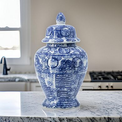 17 Inch Tall Ginger Jar, Abstract Design Over Blue And White Porcelain