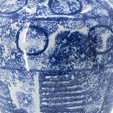 17 Inch Tall Ginger Jar, Abstract Design Over Blue And White Porcelain