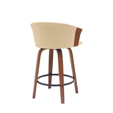 Oja 26 Inch Swivel Counter Stool Chair, Cream Leather, Walnut Brown