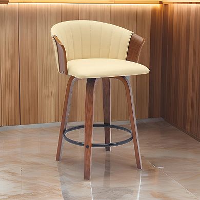Oja 26 Inch Swivel Counter Stool Chair, Cream Leather, Walnut Brown