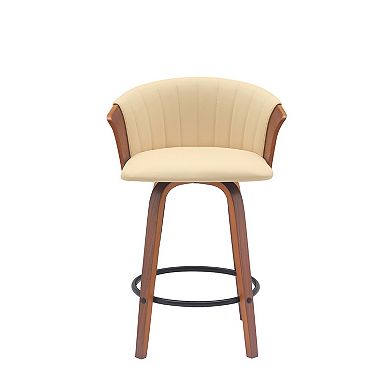 Oja 26 Inch Swivel Counter Stool Chair, Cream Leather, Walnut Brown