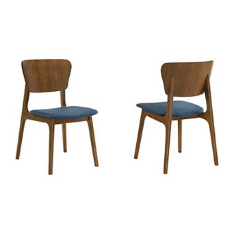 Kalie 24 Inch Dining Chair Set Of 2, Padded Seat, Blue Fabric, Walnut Brown