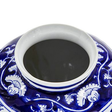 9 Inch Porcelain Vase, Blue Persian Print, Curved Shape, Flared Opening