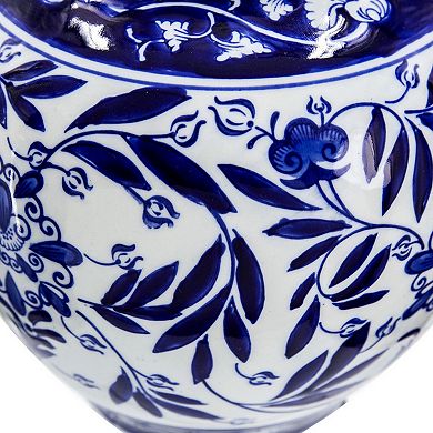 9 Inch Porcelain Vase, Blue Persian Print, Curved Shape, Flared Opening