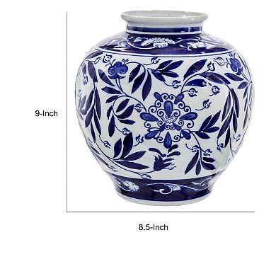 9 Inch Porcelain Vase, Blue Persian Print, Curved Shape, Flared Opening