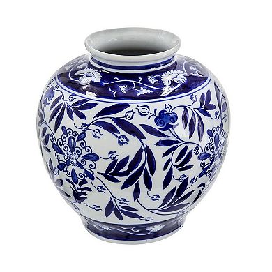 9 Inch Porcelain Vase, Blue Persian Print, Curved Shape, Flared Opening