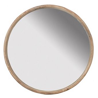 28 Inch Round Wall Mount Accent Mirror, Natural Fir Wood With Subtle Grains