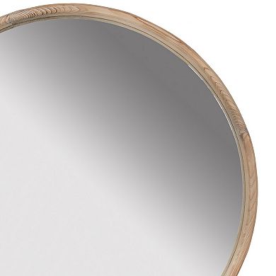 28 Inch Round Wall Mount Accent Mirror, Natural Fir Wood With Subtle Grains