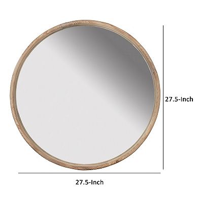 28 Inch Round Wall Mount Accent Mirror, Natural Fir Wood With Subtle Grains