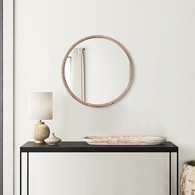 28 Inch Round Wall Mount Accent Mirror, Natural Fir Wood With Subtle Grains