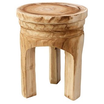 17 Inch Stool Accent Table, Paulownia Wood, Three Leg Base, Natural Brown