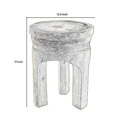 17 Inch Stool Accent Table, Paulownia Wood, Three Leg Base, Natural Brown