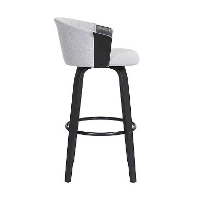 Oja 30 Inch Swivel Barstool Chair, Light Gray Fabric, Curved, Black Wood