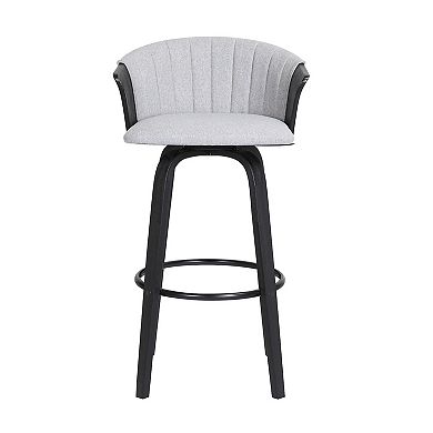 Oja 30 Inch Swivel Barstool Chair, Light Gray Fabric, Curved, Black Wood