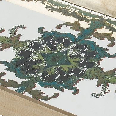 Miki 18 Inch Decorative Tray, Artistic Mirrored Damask Pattern, Gold Finish