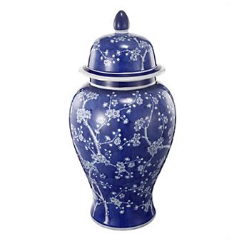 18 Inch Porcelain Ginger Jar, Finial Lid And Round Curved, Blue Flowers