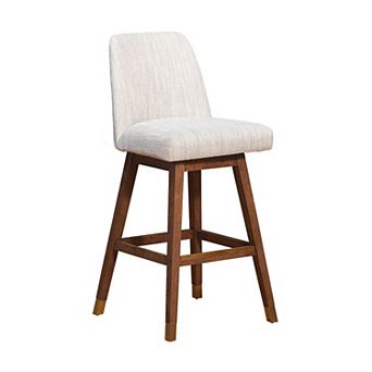 Lara 30 Inch Swivel Barstool Chair, Soft Beige Polyester, Brown Wood Legs