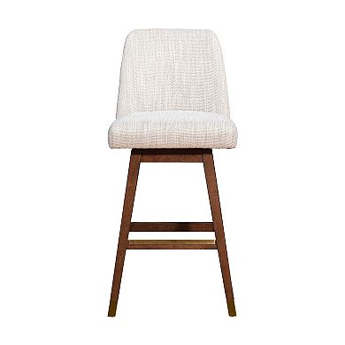 Lara 30 Inch Swivel Barstool Chair, Soft Beige Polyester, Brown Wood Legs