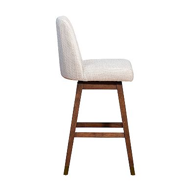 Lara 30 Inch Swivel Barstool Chair, Soft Beige Polyester, Brown Wood Legs