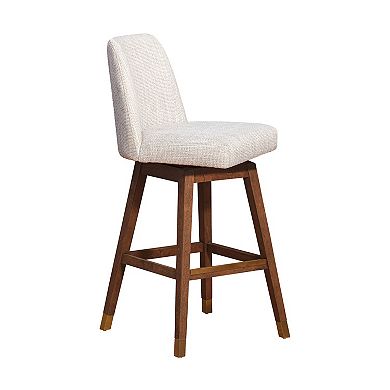 Lara 30 Inch Swivel Barstool Chair, Soft Beige Polyester, Brown Wood Legs