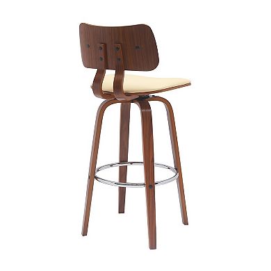 Pino 30 Inch Swivel Barstool Chair, Cream Faux Leather, Walnut Brown Wood