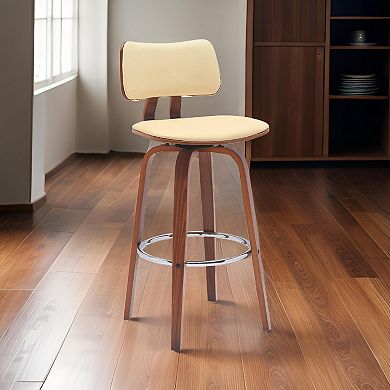 Pino 30 Inch Swivel Barstool Chair, Cream Faux Leather, Walnut Brown Wood