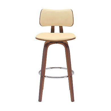 Pino 30 Inch Swivel Barstool Chair, Cream Faux Leather, Walnut Brown Wood