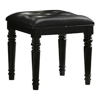 Kya 20 Inch Vanity Stool, Black Tufted Vegan Faux Leather Seat, Turned Legs