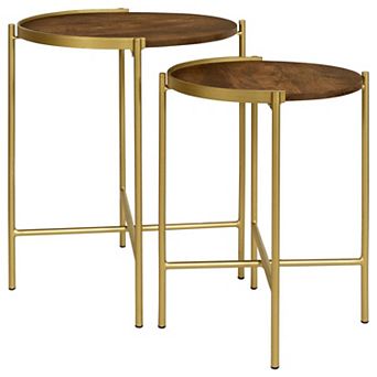 2 pc Round Nesting Tables, Gold Iron, Modern Mango Wood, Warm Brown