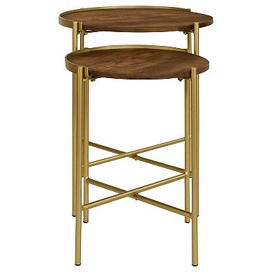 2 Piece Round Nesting Tables, Gold Iron, Modern Mango Wood, Warm Brown