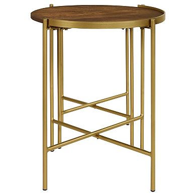 2 Piece Round Nesting Tables, Gold Iron, Modern Mango Wood, Warm Brown
