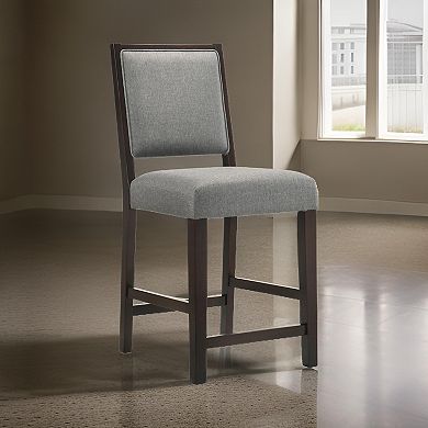 Nimi 25 Inch Counter Height Stool, Set Of 2, Welt Trim, Gray Fabric, Brown