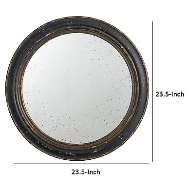 24 Inch Round Wall Mount Mirror, Molded Trim Wood Frame, Distressed Brown