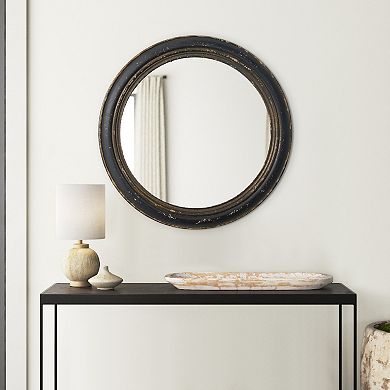24 Inch Round Wall Mount Mirror, Molded Trim Wood Frame, Distressed Brown