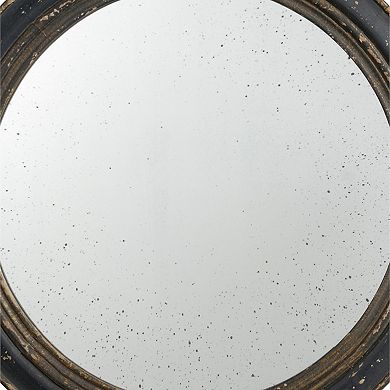 24 Inch Round Wall Mount Mirror, Molded Trim Wood Frame, Distressed Brown
