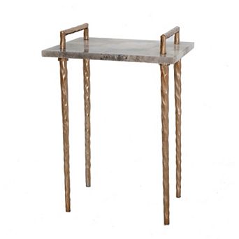 22 Inch Accent Table, Agate Stone Top, Modern, Sleek Metal Frame, Bronze