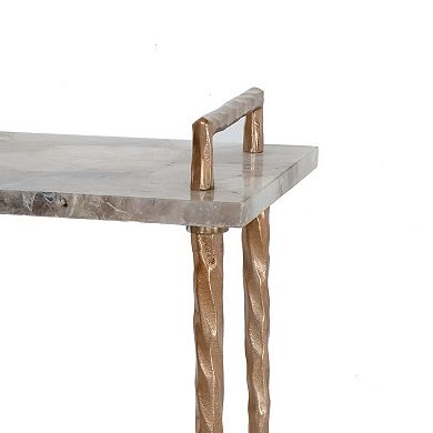 22 Inch Accent Table, Agate Stone Top, Modern, Sleek Metal Frame, Bronze