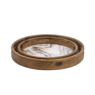18, 15 Inch Round Decorative Tray, Marble Effect, Brown Fir Wood Frame
