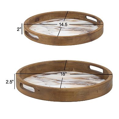 18, 15 Inch Round Decorative Tray, Marble Effect, Brown Fir Wood Frame