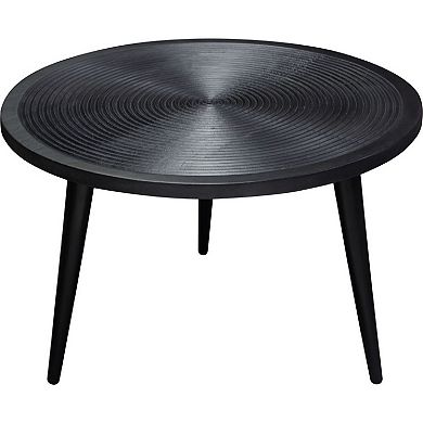 Vio 29 Inch Round Coffee Table, Embossed Surface Patterning, Black Wood