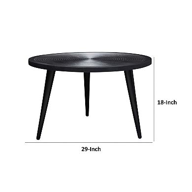 Vio 29 Inch Round Coffee Table, Embossed Surface Patterning, Black Wood