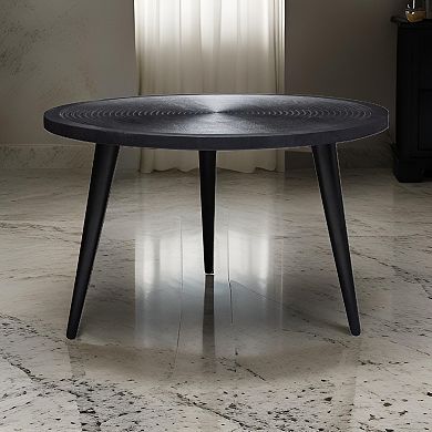 Vio 29 Inch Round Coffee Table, Embossed Surface Patterning, Black Wood