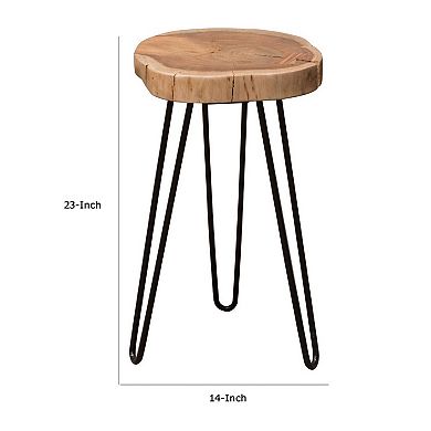 23 Inch Side End Table, Hairpin Legs, Natural Brown Acacia Wood, Black Base