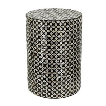20 Inch Capiz Accent Stool Table, Cylindrical Geometric, Silver, Black