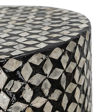 20 Inch Capiz Accent Stool Table, Cylindrical Geometric, Silver, Black