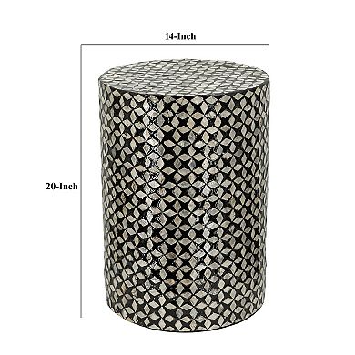 20 Inch Capiz Accent Stool Table, Cylindrical Geometric, Silver, Black