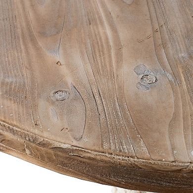 31 Inch Round Accent Side Table, Fir Wood, Engraved, Brown, Antique White